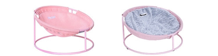 Round pet bed color options: pink base and grey plush inner cushion