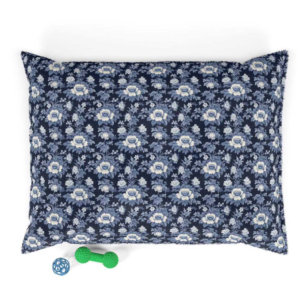 Midnight Blue Garden in Bloom Pet Bed — Coral Fleece, Removable Cover, 40" × 30"