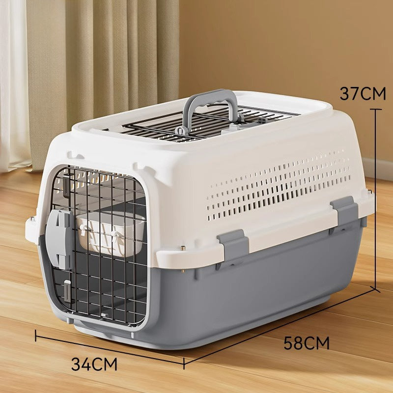 Airline-approved pet carrier crate with gray accents and wire front door