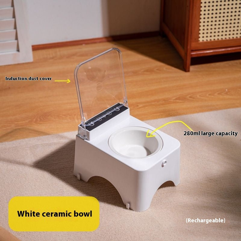 Automatic pet food feeder with open clear cover and white ceramic bowl, white base