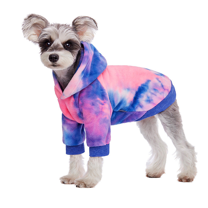 Tie-dye dog hoodie in pink and blue with hood, ribbed blue sleeve cuffs