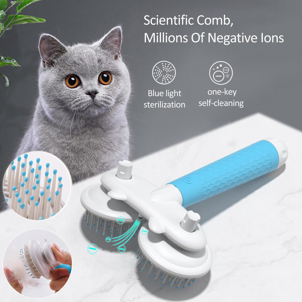 Double-headed pet slicker brush with blue handle, self-cleaning button and pin comb heads