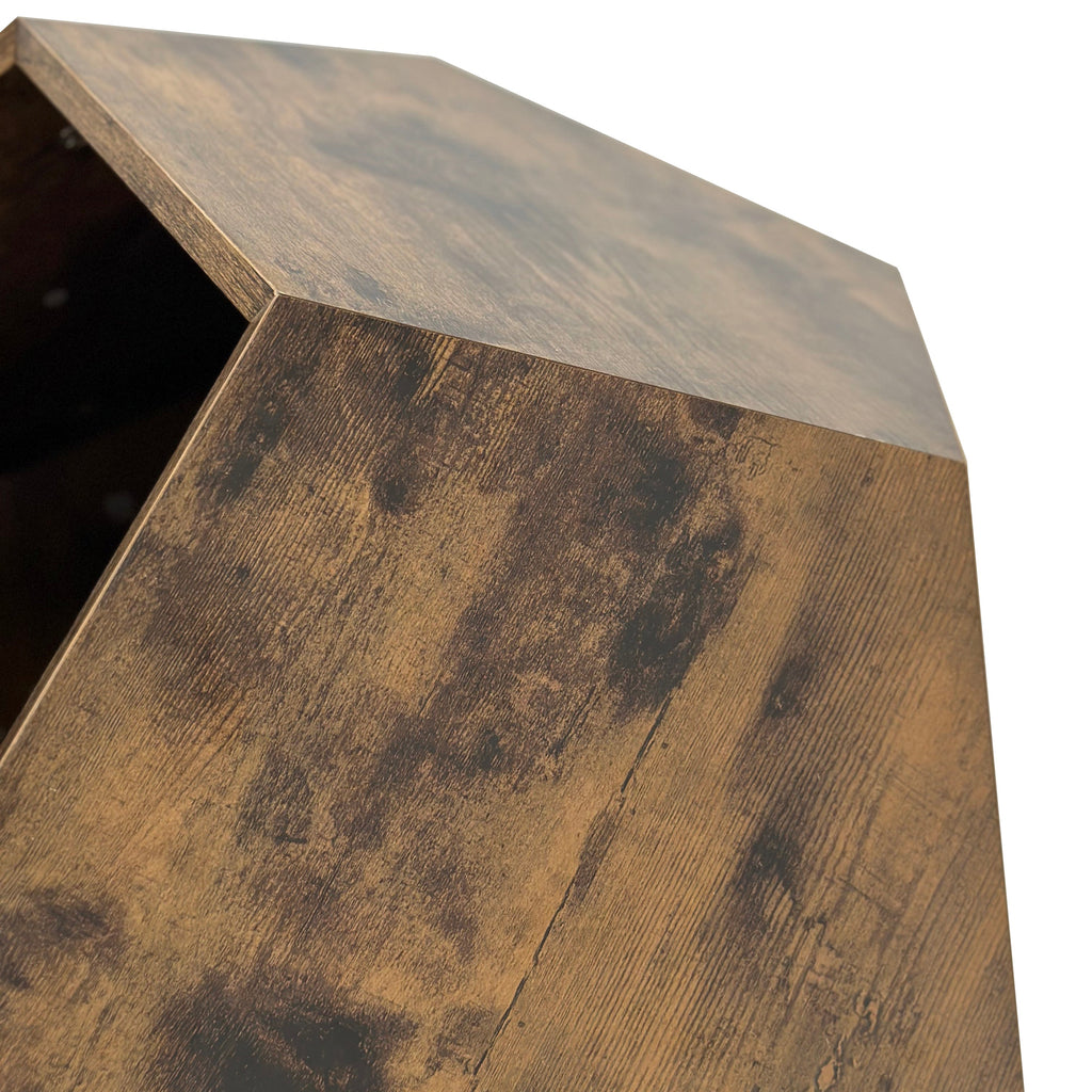 Antique brown wood-finish MDF cat kennel side table, close-up of angled hexagon panels