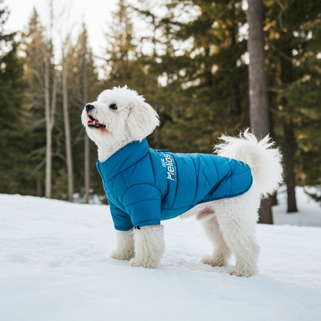 Hooded blue puffer dog coat with reflective paneling and adjustable closure, full-body