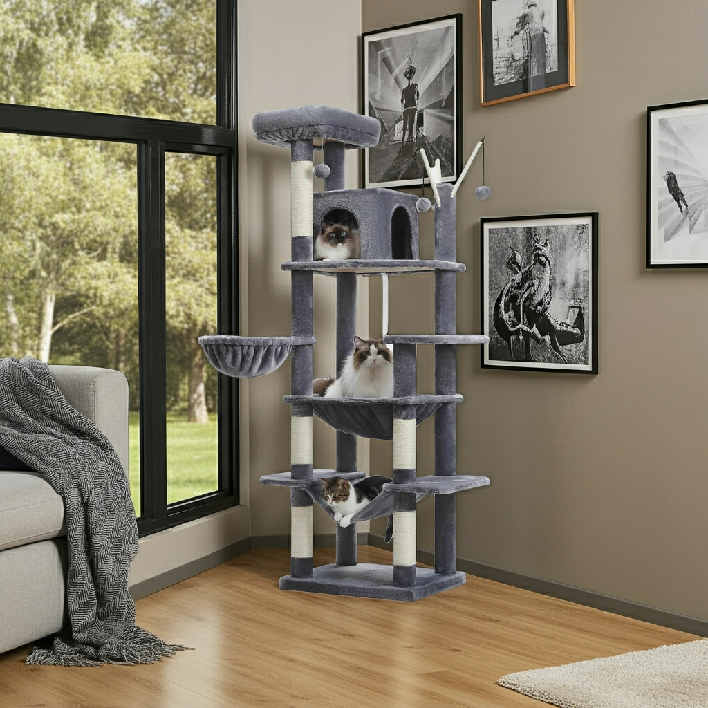 Multi-level plush cat tree tower with dark gray condos, platforms, and scratching posts