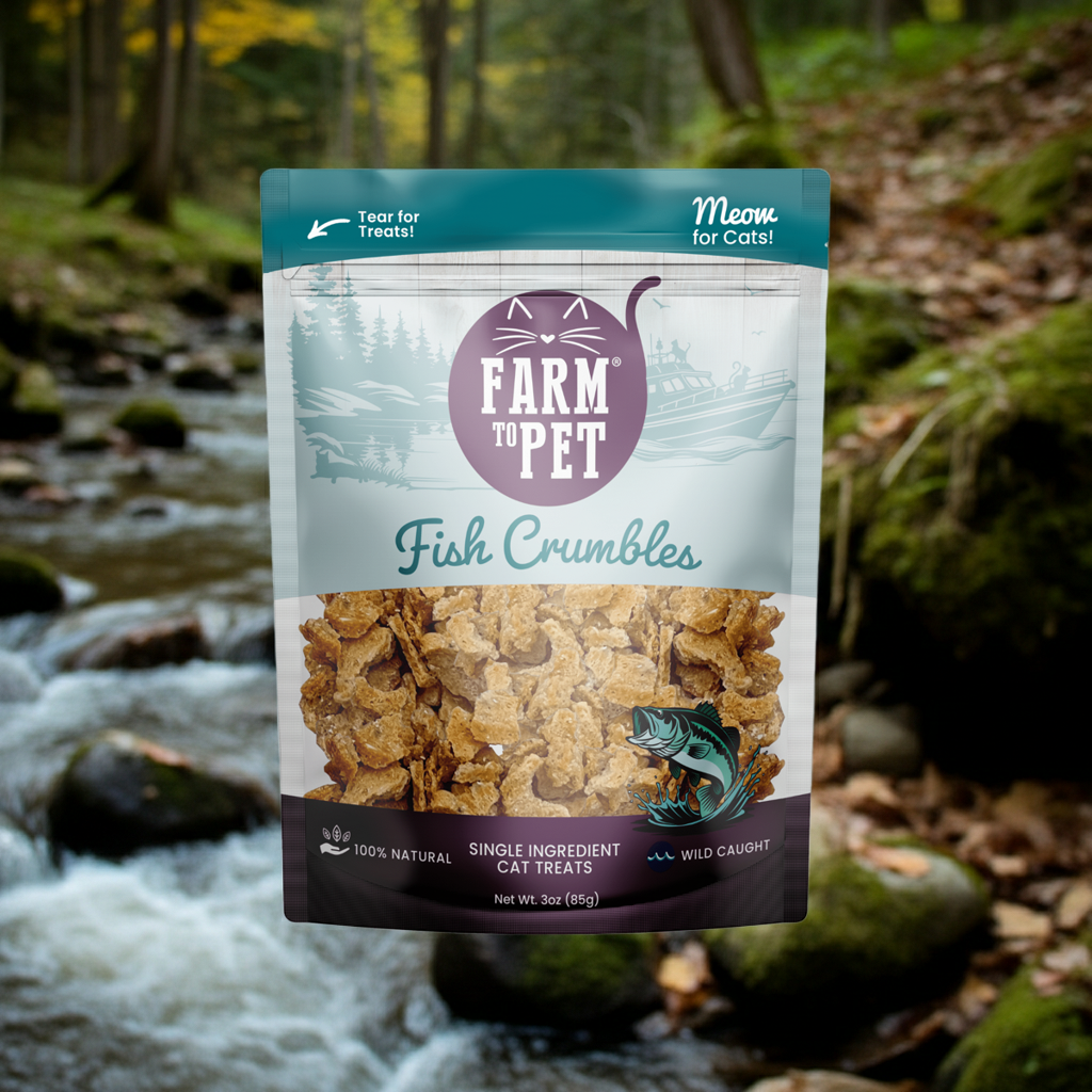 Fish crumbles cat treats pouch, teal and white with farm-to-pet label