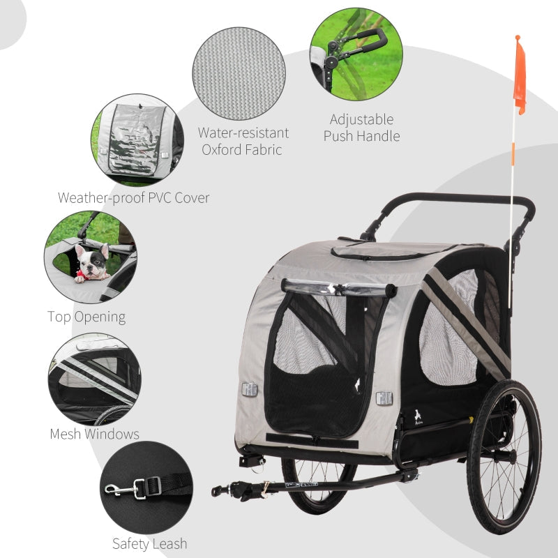 Grey 2-in-1 pet bike trailer stroller with mesh windows, weather cover, and safety leash