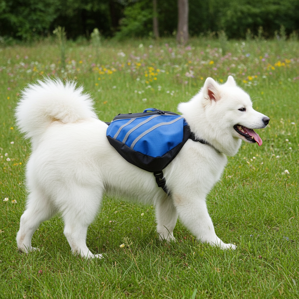 Blue waterproof dog backpack carrier with black harness, on a white dog
