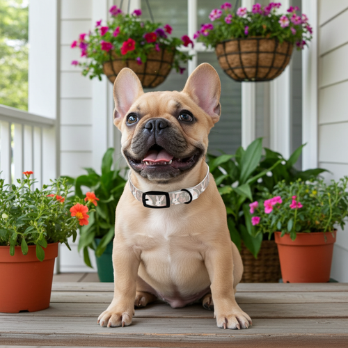 Dog wearing clear TPU pet collar with pink bunny print and black buckle