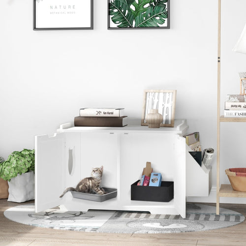 White cat litter box enclosure nightstand with open front and side storage compartment