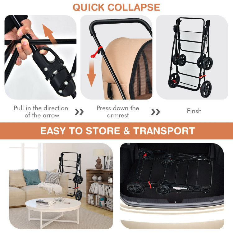 Beige pet carrier stroller in quick-collapse frame with padded handle and armrest