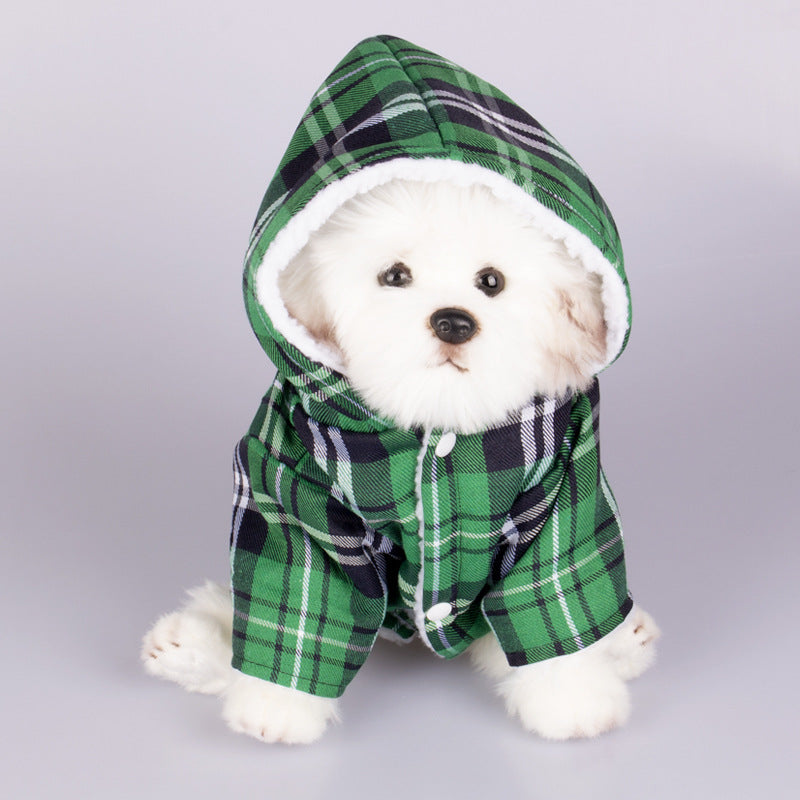 Green plaid hooded dog sweater with white fleece trim and buttoned front.