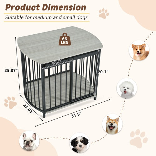 Gray wood-top dog crate with vertical bars, shown with size measurements, dark metal frame.