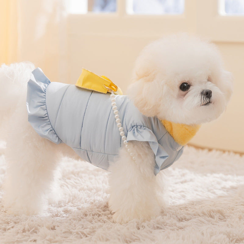 Small dog modeling light blue puffer pet outfit with yellow collar and pearl strap