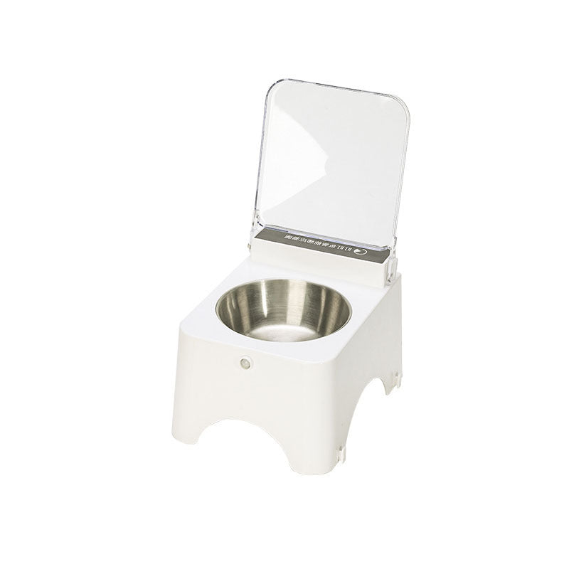 Automatic pet food feeder with open lid and stainless metal bowl, white base