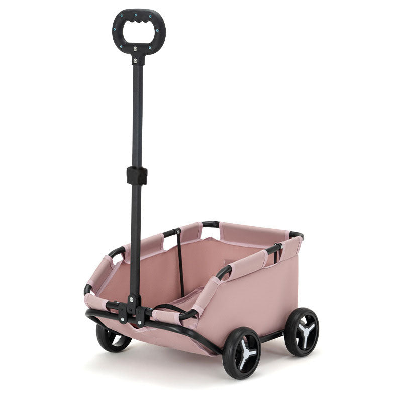 Pink pet stroller with padded seat and safety straps, black handle and four wheels