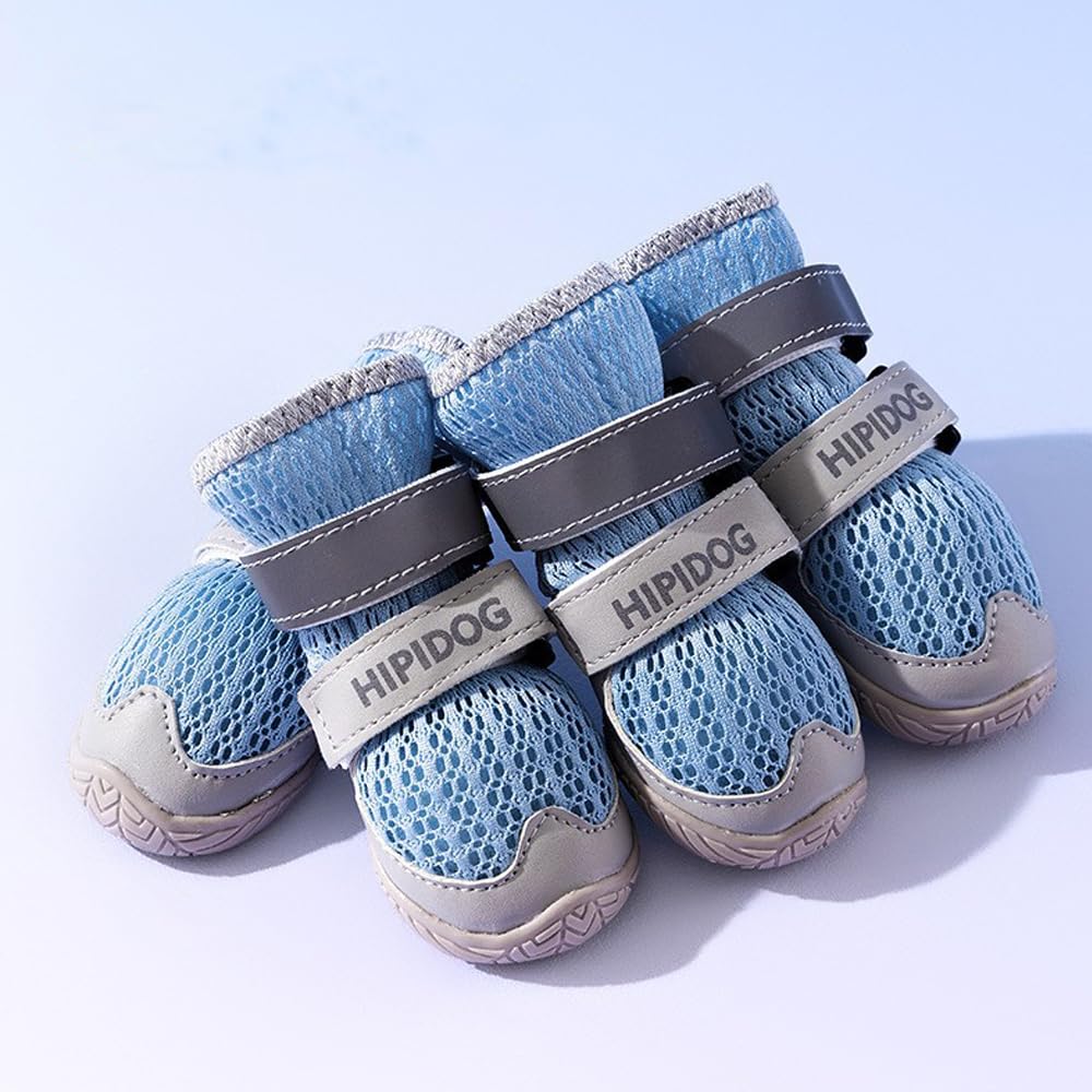 Blue mesh dog boots with two side Velcro straps and padded trim