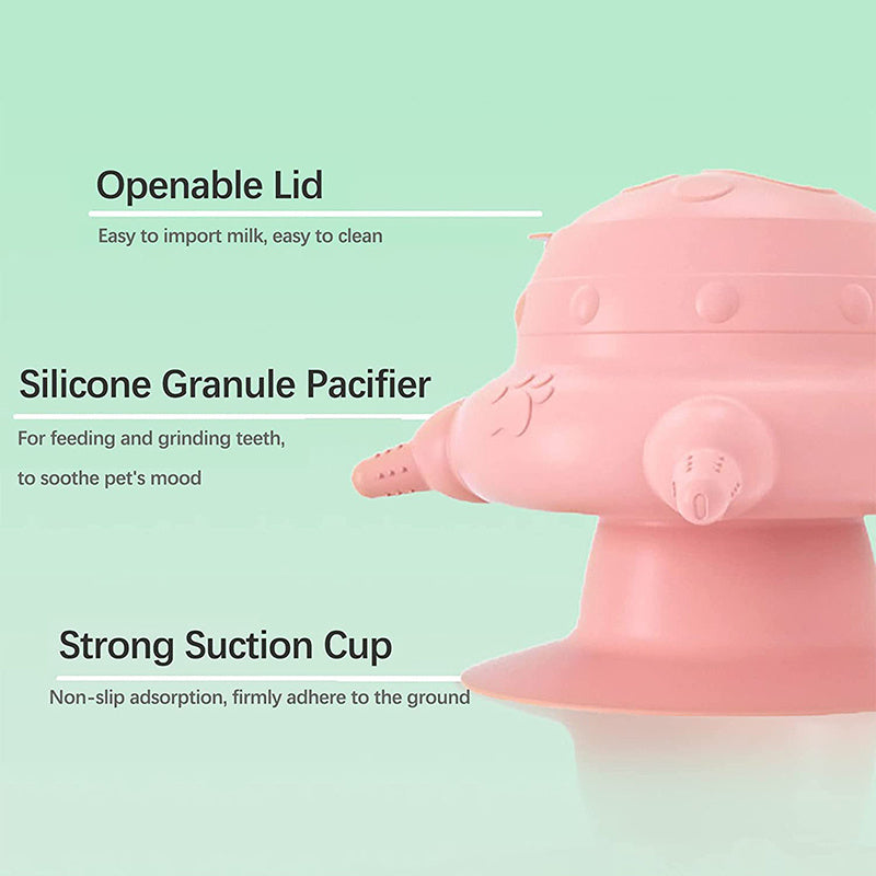Pink silicone pet milk nursing feeder with openable lid and suction cup base