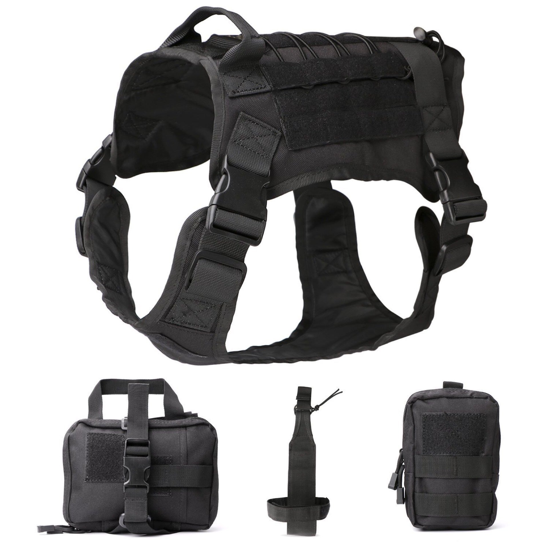 Black tactical dog harness with padded chest, adjustable webbing straps, and side buckles