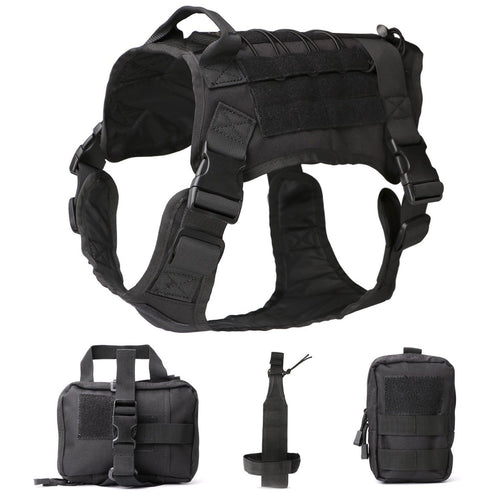 Black tactical dog harness with padded chest, adjustable webbing straps, and side buckles