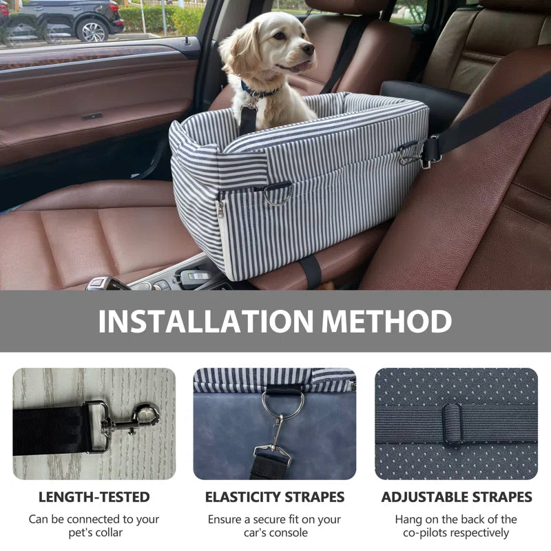 Striped dog car seat carrier with secured side straps and front zipper access