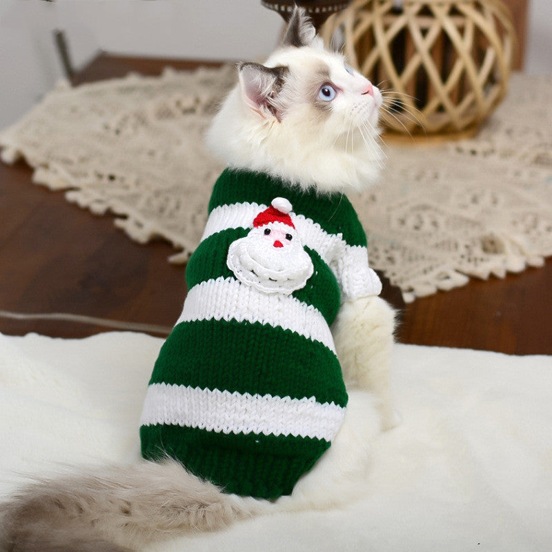 Cat sweater with green and white stripes and snowman patch, knit turtleneck