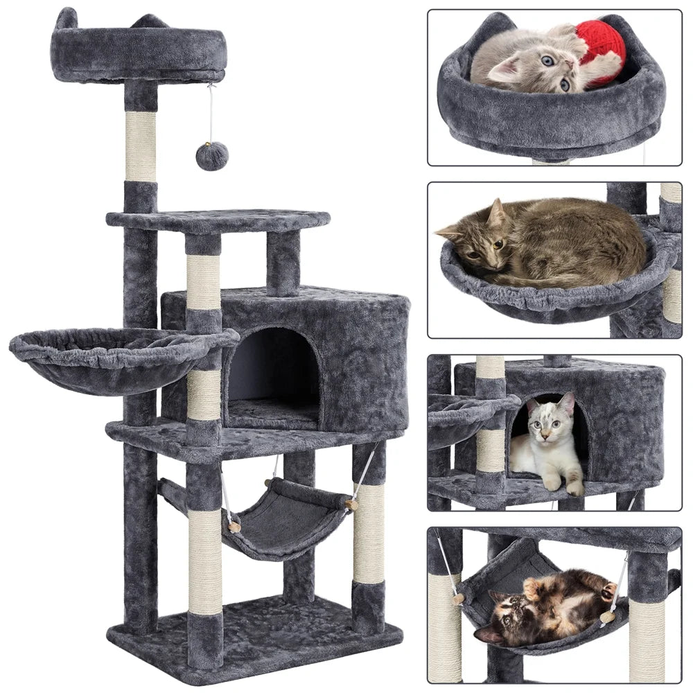 Dark gray cat tree with hammock and hideout cubby, showing multiple cat viewing spots