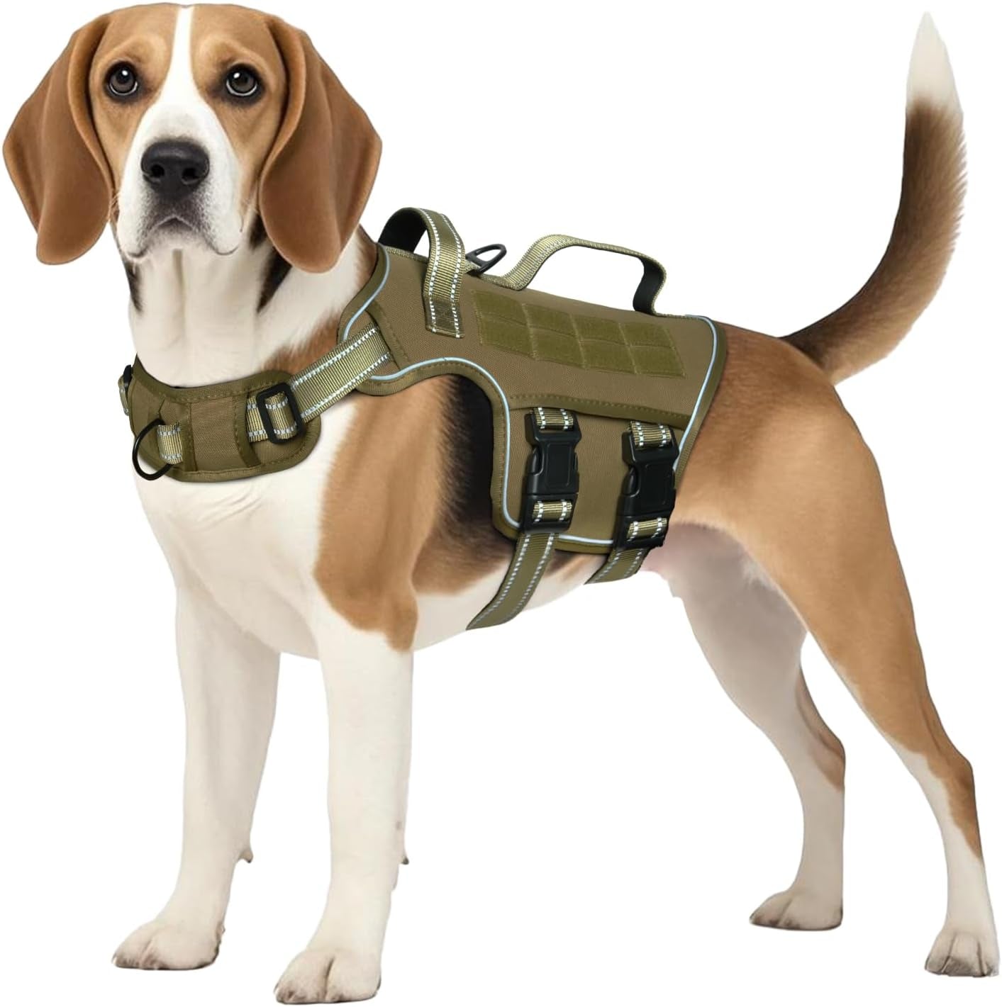 Olive green dog tactical harness vest with front D-ring and reinforced straps