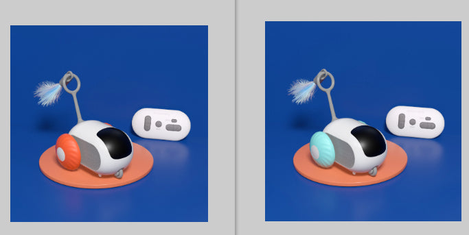 Interactive cat toy car with orange ear and white remote, on orange circular base
