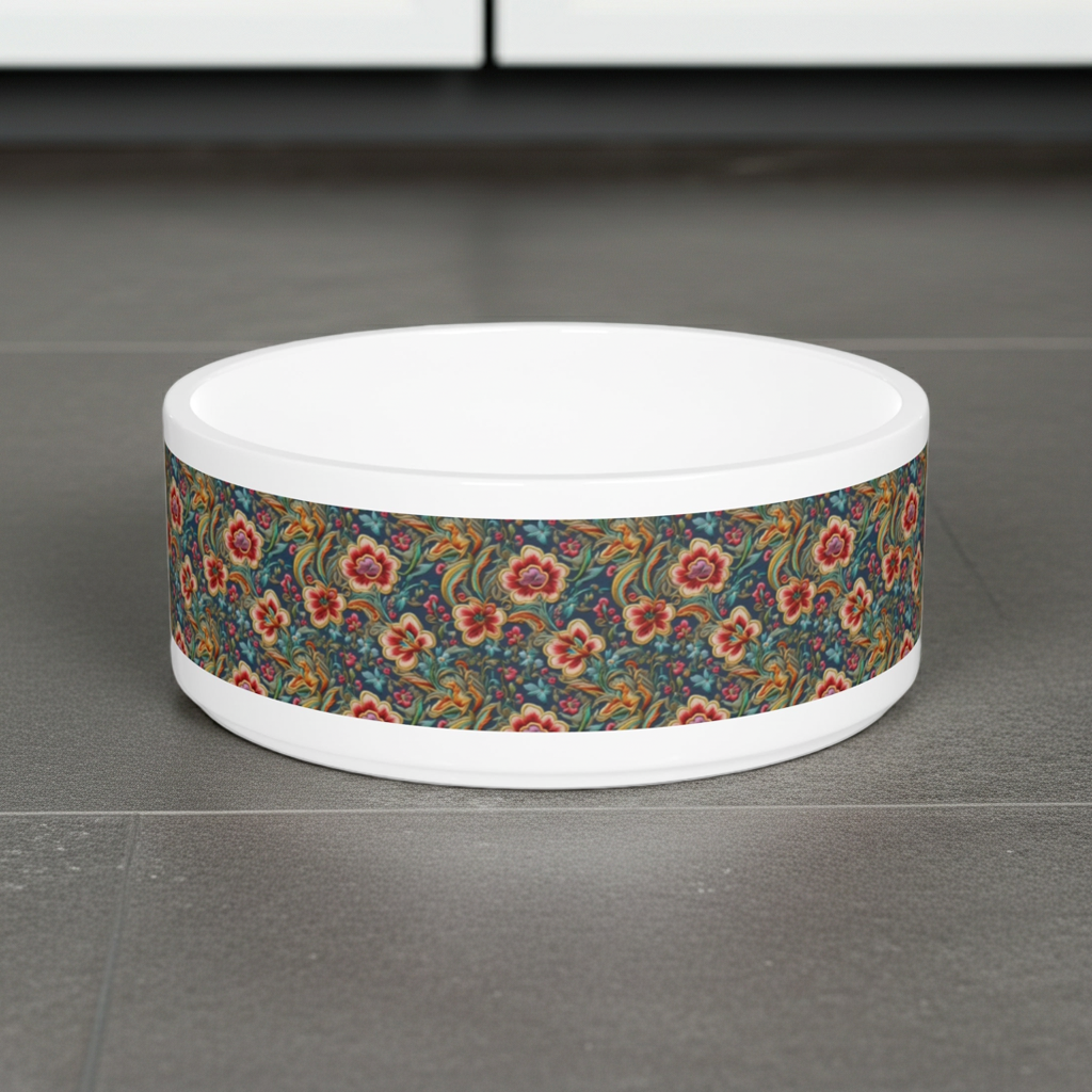 Crimson Blossoms on Teal Vintage Brocade Pet Bowl — Ceramic, 16oz, Dishwasher-Safe