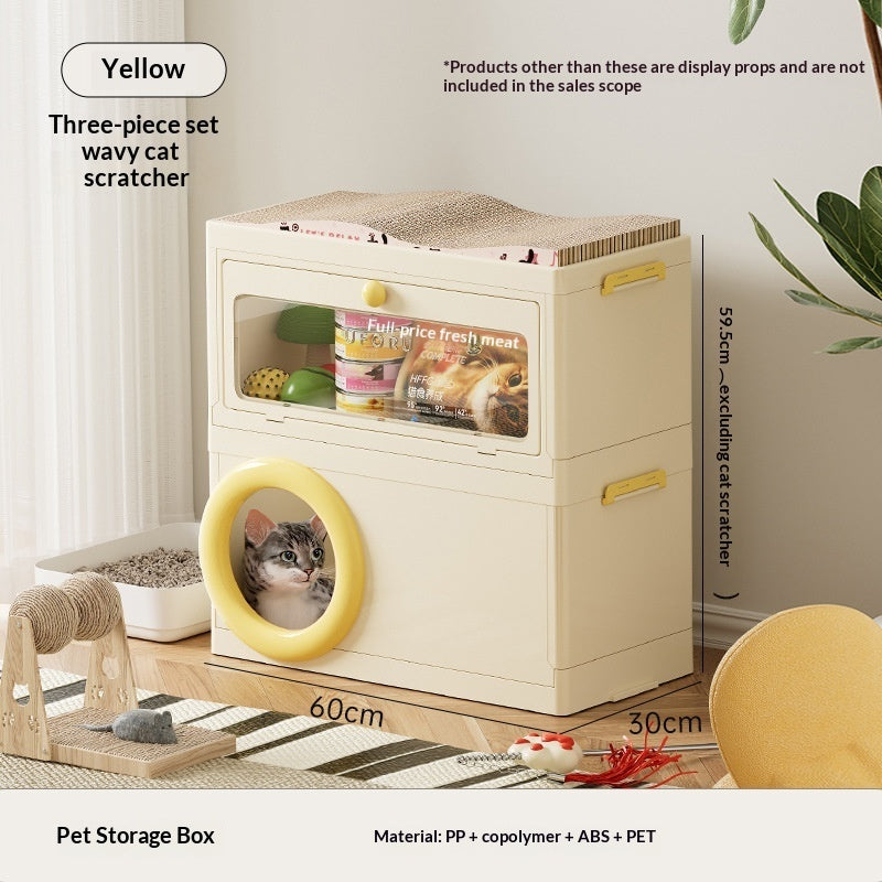 Pet storage box with cat scratcher, cream box with yellow pet ring and drawer