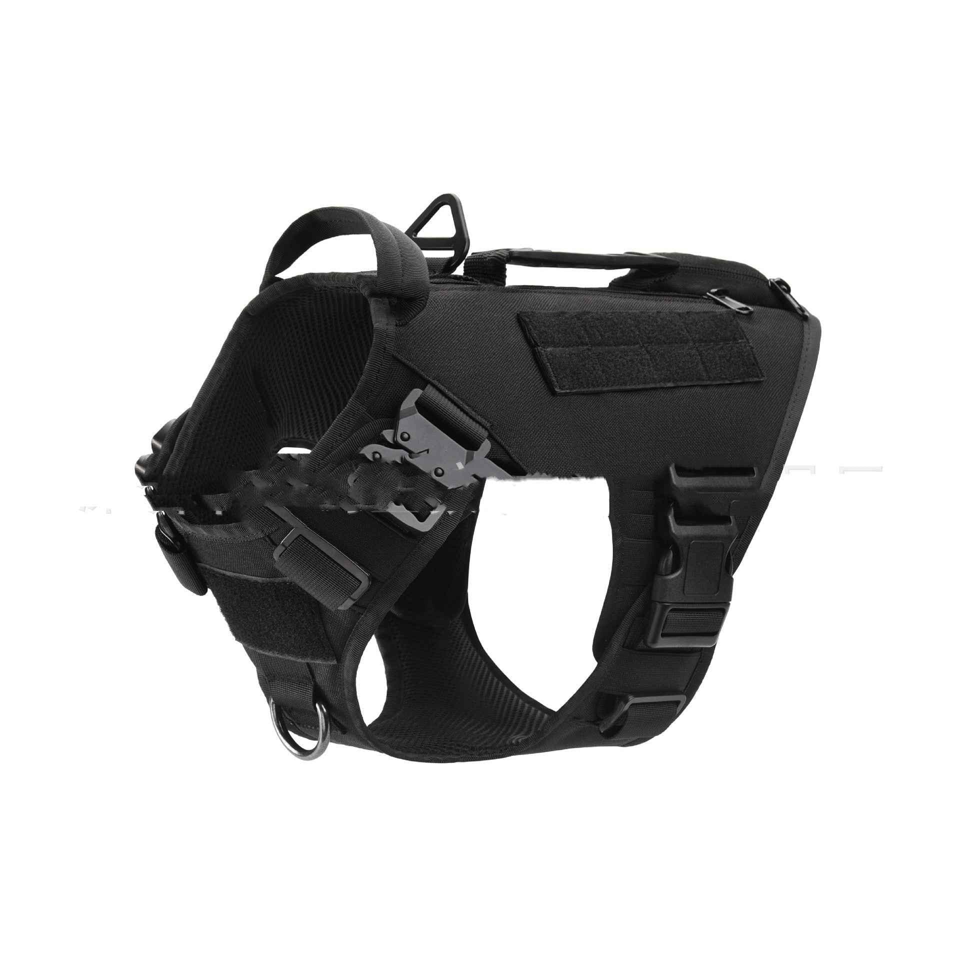Black tactical dog harness with chest panel, webbing straps, and metal rings