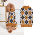 Plaid dog sweater with tan turtleneck and brown-and-blue diamond pattern