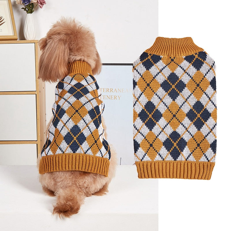 Plaid dog sweater with tan turtleneck and brown-and-blue diamond pattern