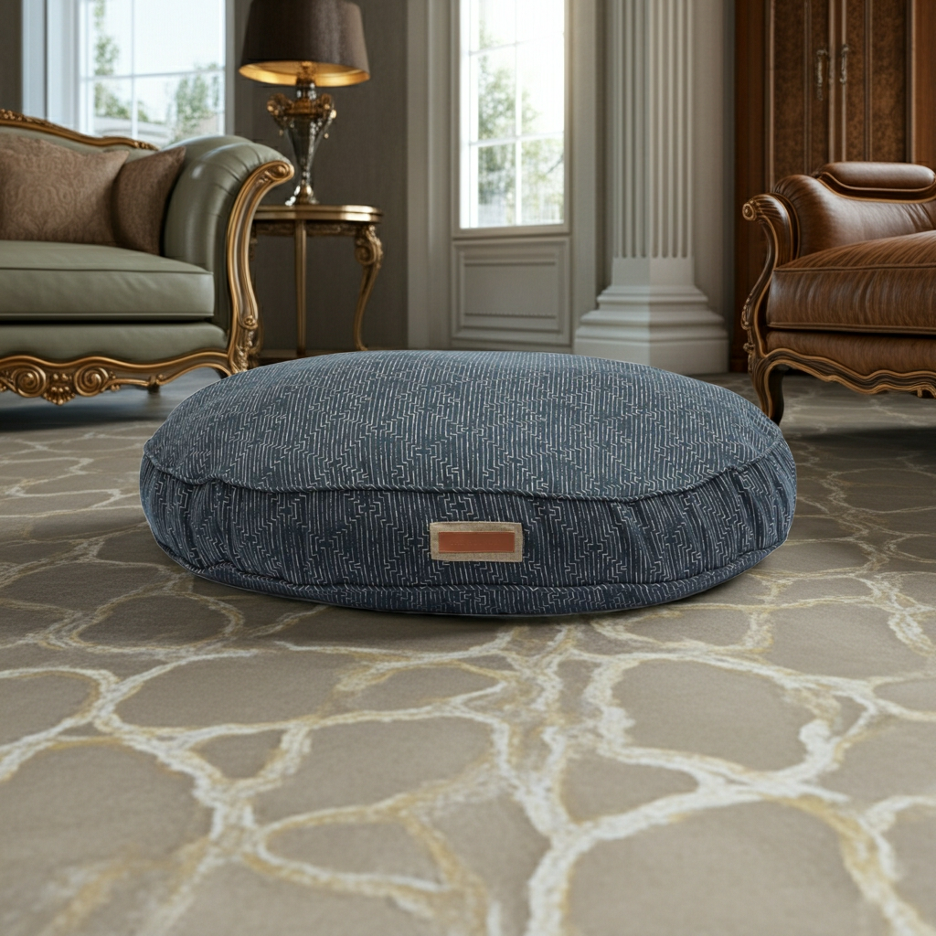 Round navy dog bed cushion with tan label patch centered on top