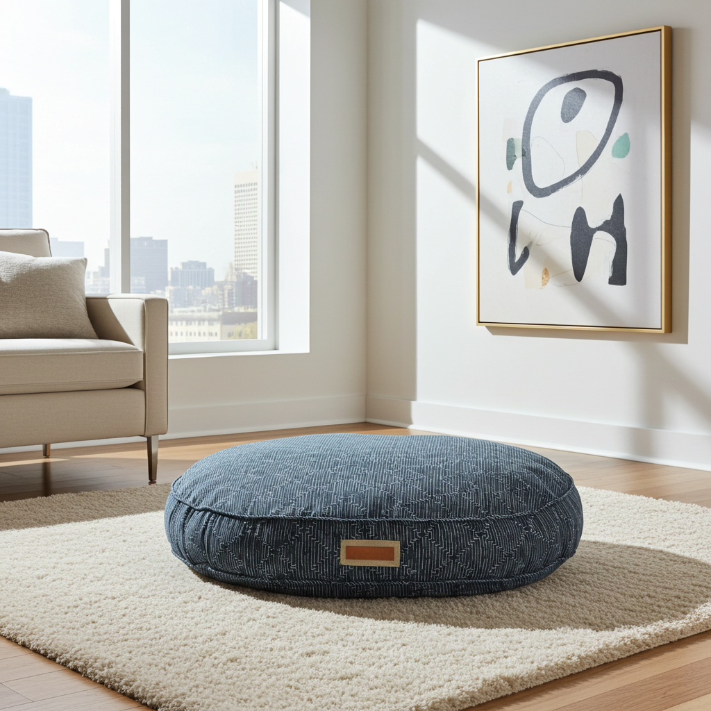 Round pet bed cushion in dark navy with crosshatch pattern and tan logo patch
