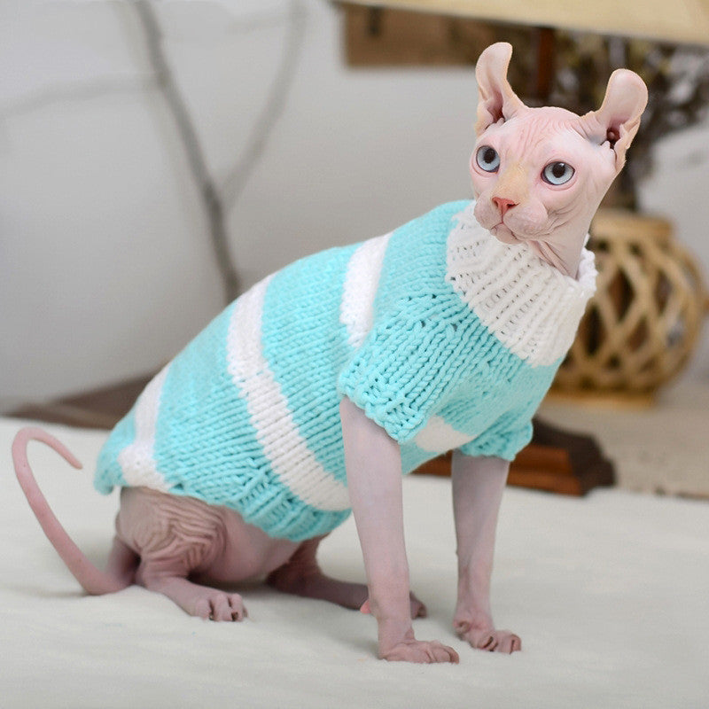 Cat sweater with light blue and white stripes and chunky knit turtleneck