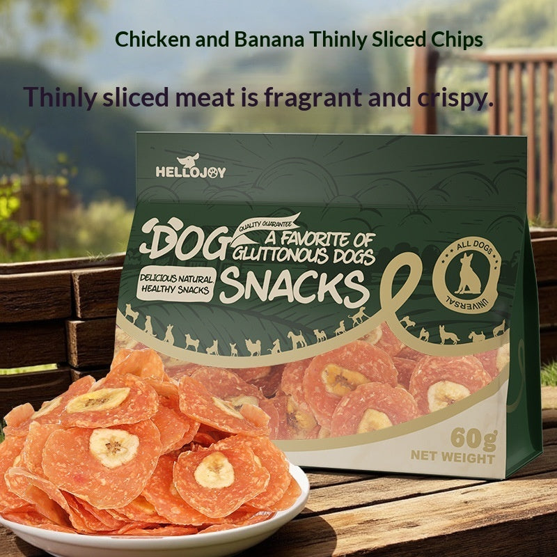Chicken and banana dog snack bag with thin crispy chips in a white bowl.