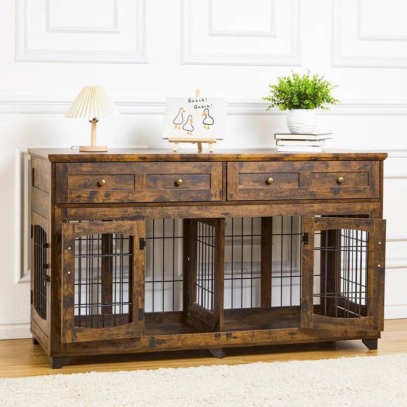 Rustic brown console dog crate with open front gates showing barred partitions