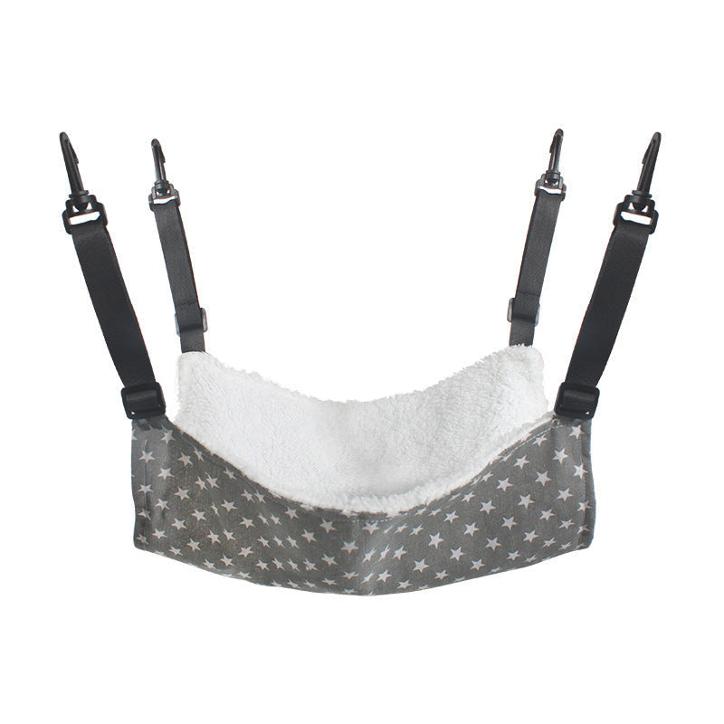 Cat cage hanging hammock bed with gray star print fabric, white plush lining and black straps