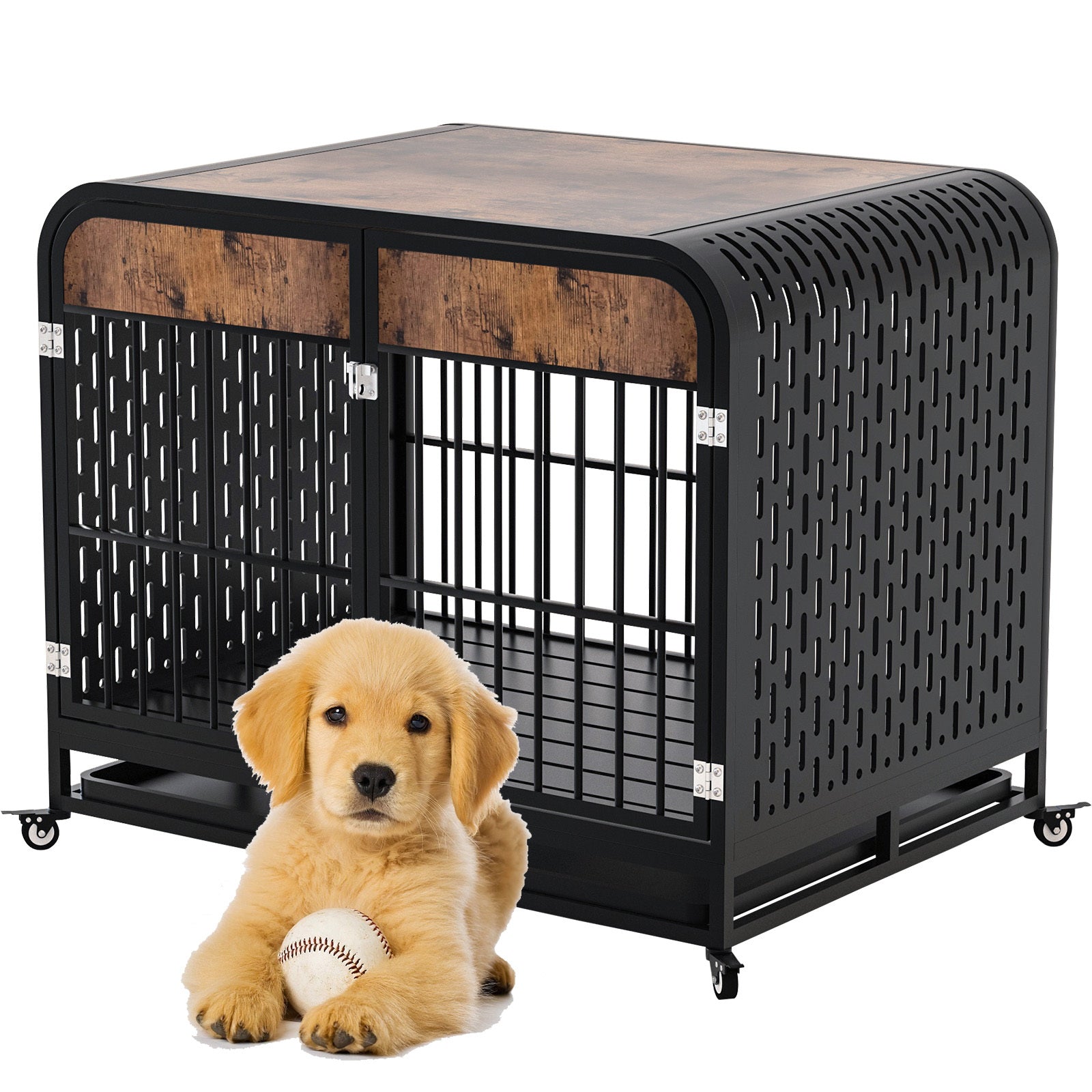 Brown top dog crate table with black perforated sides, front grille, and rolling wheels