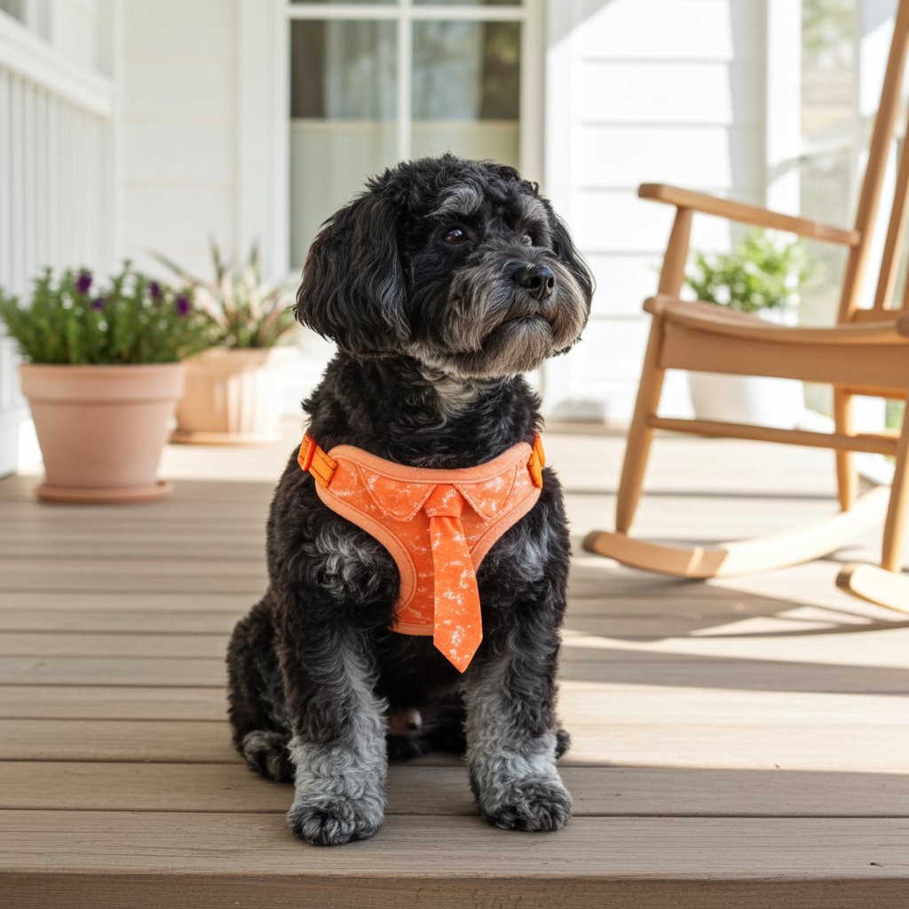 Adjustable mesh dog harness with orange neck tie and reversed fit