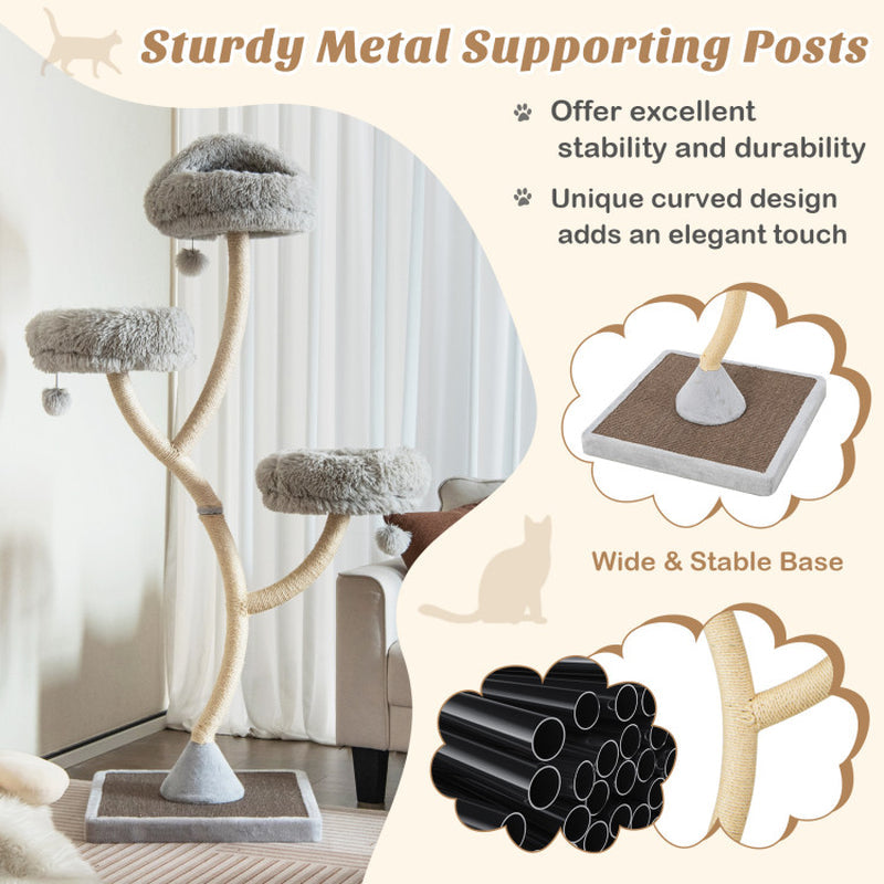 Gray cat tree tower with sturdy base and curved sisal posts; plush perches and dangling balls