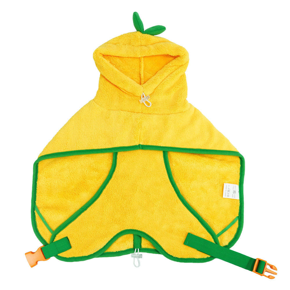 Yellow terry pet bathrobe with green hood, cape opening, and adjustable leg straps