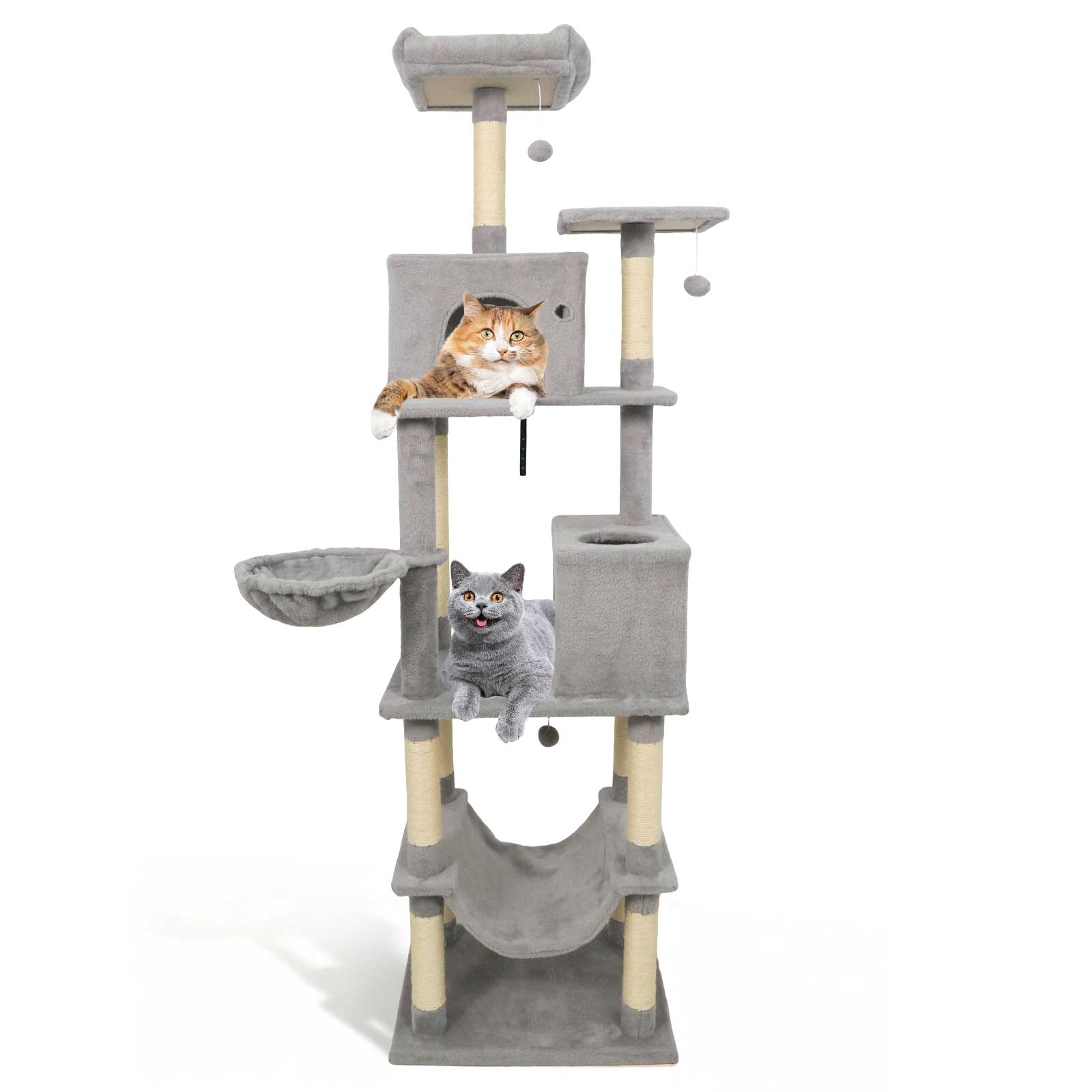 Gray cat tree with two condos and hanging toys, plush perches with two cats