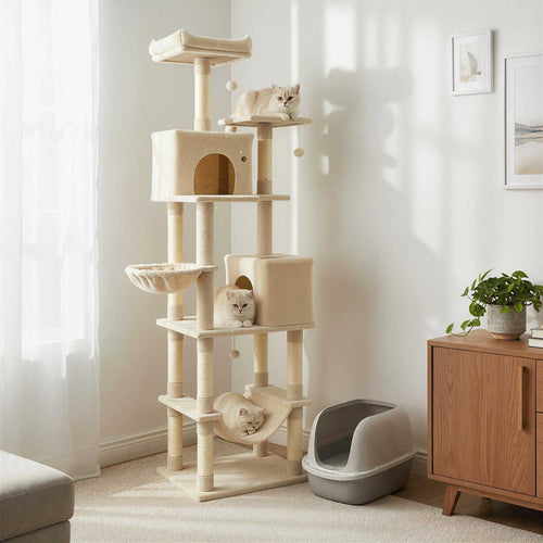 Beige cat tree with two large condos and hanging toys, tall multi-level perch