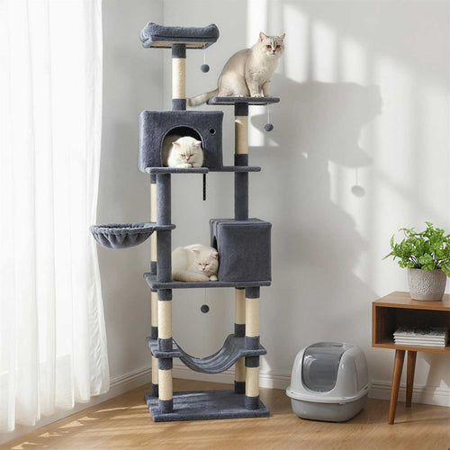Dark gray cat tree with multiple condos, top perch, and hammock bed