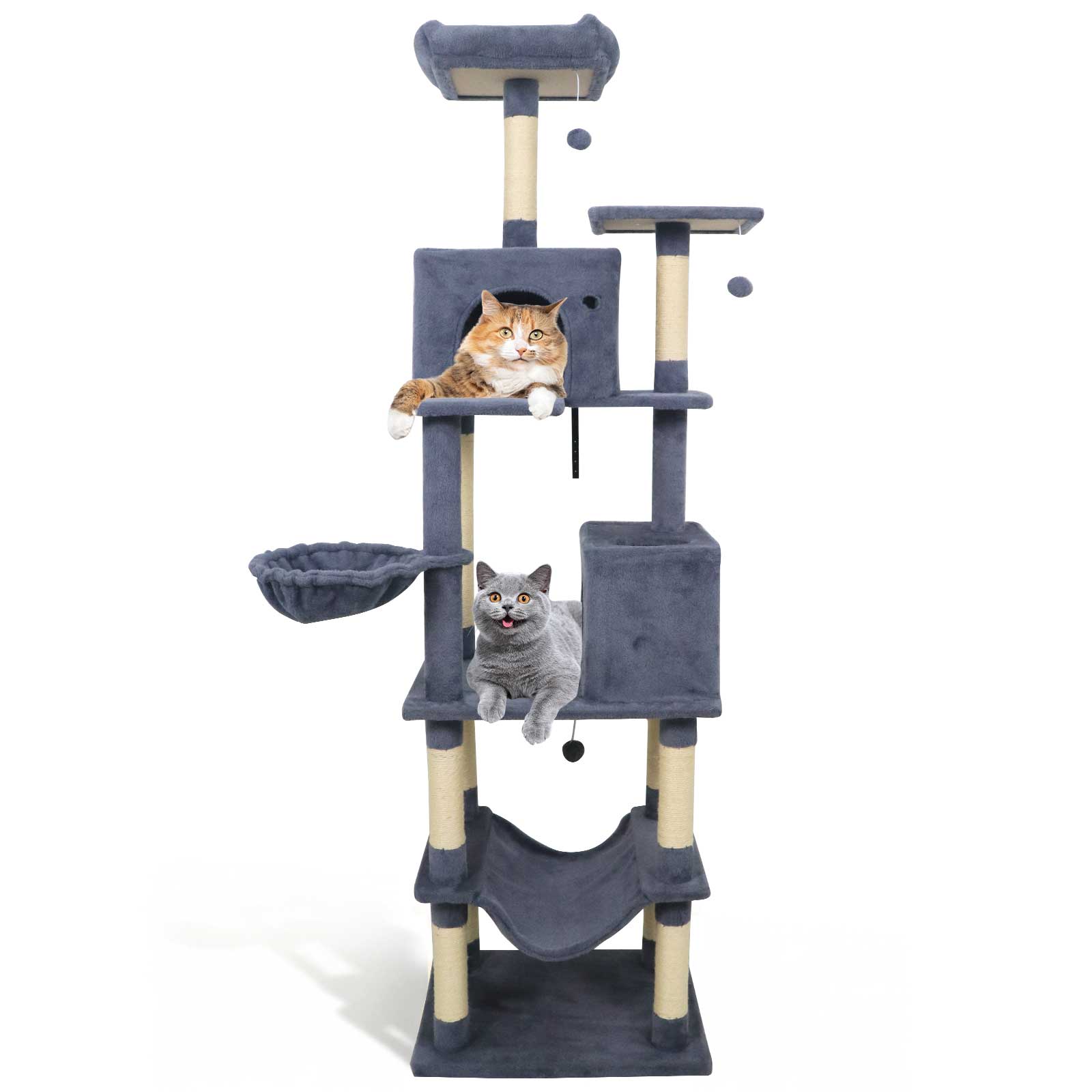 Dark gray cat tree with two condos and hanging toys, plush perches with two cats