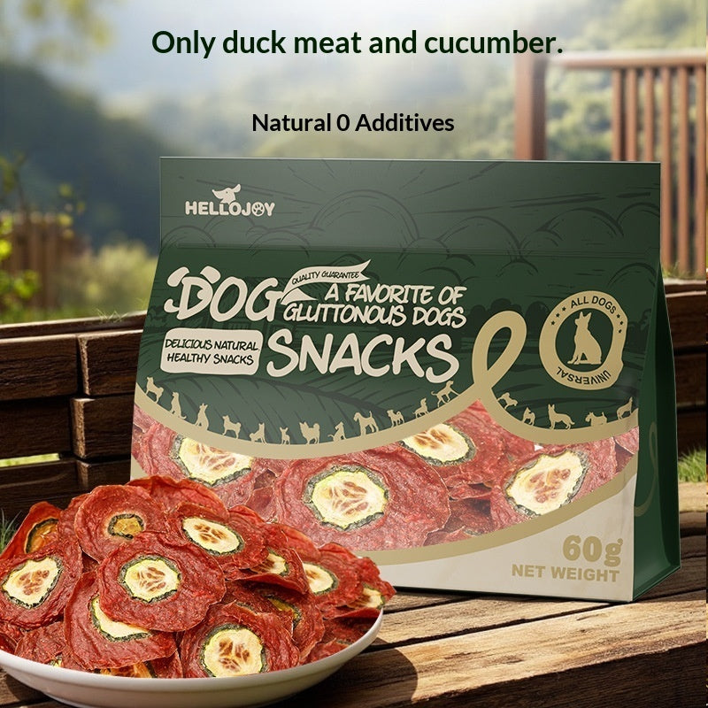 Duck meat and cucumber dog snack bag with sliced treats and pale green cucumber centers.