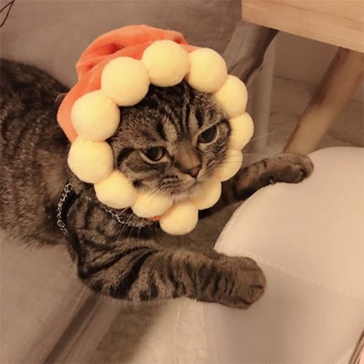 Yellow fuzzy pet flower garland hat surrounding the cat’s head